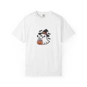 Cute Witch Ghost Shirt, Comfort Colors 1717 Halloween Tee with Pumpkin Candy Bucket — front print