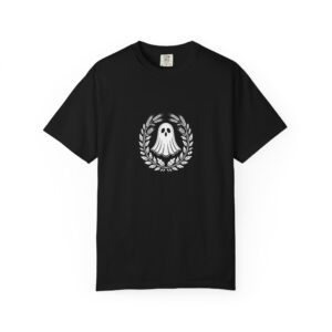 Ghost Wreath Shirt, Black Comfort Colors 1717 Halloween Tee with Botanical Leaves — front print