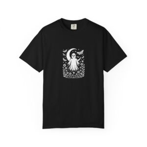 Moon Ghost Shirt, Black Comfort Colors 1717 Tee with Moths and Wildflowers — front print