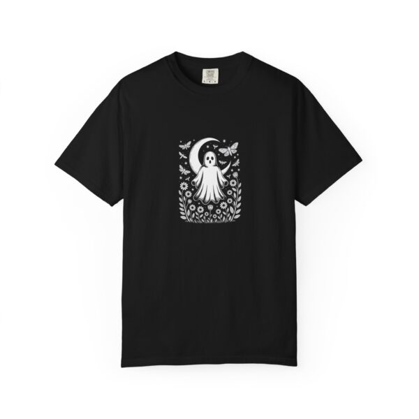 Moon Ghost Shirt, Black Comfort Colors 1717 Tee with Moths and Wildflowers — front print