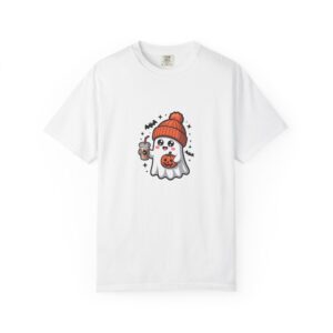 Cute Ghost Coffee Shirt, Comfort Colors 1717 Halloween Tee with Pumpkin and Orange Beanie — front print