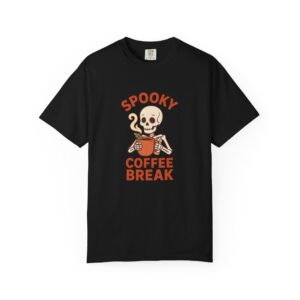 Spooky Coffee Break Skeleton Shirt, Comfort Colors 1717 Halloween Coffee Tee — front print