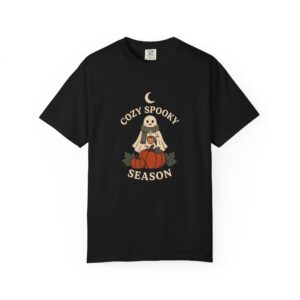 Cozy Spooky Season Ghost Shirt, Comfort Colors 1717 Pumpkin Coffee Halloween Tee — front print