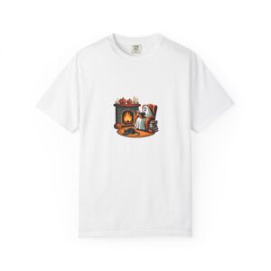 2987453015213564549_2048.jpeg Reading Ghost Shirt, Comfort Colors 1717 Halloween Tee with Fireplace and Black Cat — front print