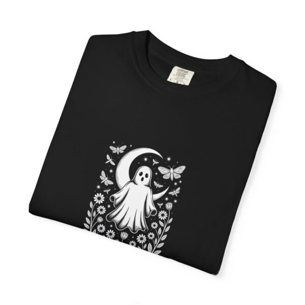 Moon Ghost Shirt, Black Comfort Colors 1717 Tee with Moths and Wildflowers — product view 3