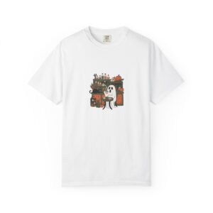 Ghost Tea Shirt, Comfort Colors 1717 Halloween Tee with Apothecary and Black Cat — front print