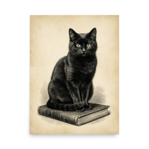 enhanced-matte-paper-poster-in-18x24-front-6a9c6d42f301a.jpg Black Cat on Books Poster, Vintage Gothic Illustration, Halloween Wall Art, Witchy Decor Gift