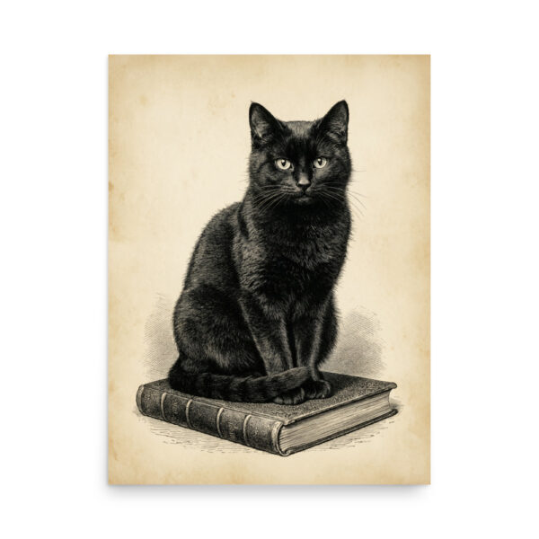 Black Cat on Books Poster, Vintage Gothic Illustration, Halloween Wall Art, Witchy Decor Gift