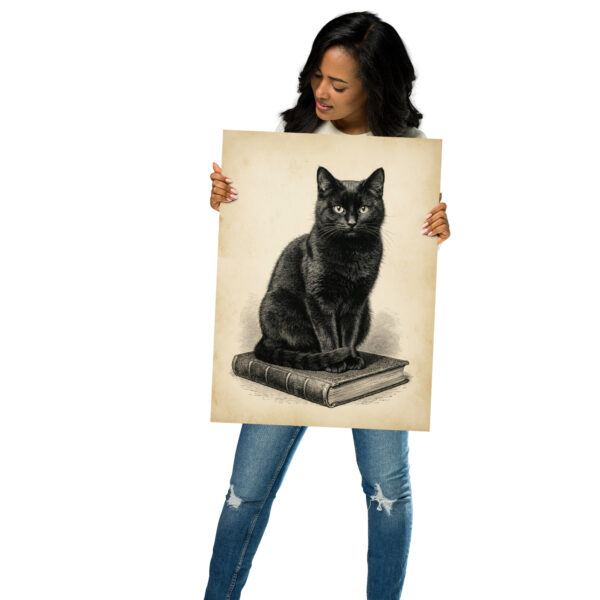 Black Cat on Books Poster, Vintage Gothic Illustration, Halloween Wall Art, Witchy Decor Gift