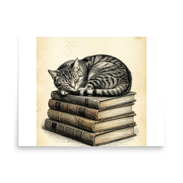 Sleeping Tabby Cat on Books Poster, Cozy Vintage Cat Illustration, Cat Lover Wall Art Gift