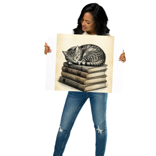 Sleeping Tabby Cat on Books Poster, Cozy Vintage Cat Illustration, Cat Lover Wall Art Gift