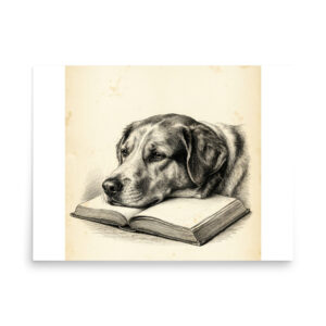 enhanced-matte-paper-poster-in-18x24-front-6a9c7463e0905.jpg Dog Resting on an Open Book Poster, Vintage Illustration, Cozy Pet Lover Wall Art Gift