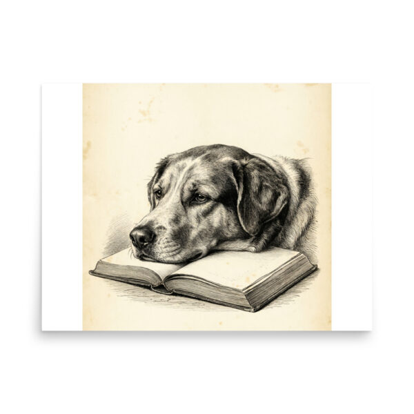 Dog Resting on an Open Book Poster, Vintage Illustration, Cozy Pet Lover Wall Art Gift