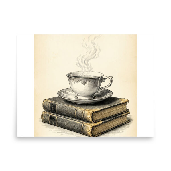 enhanced-matte-paper-poster-in-18x24-front-6a9c7e6cf1f14.jpg Teacup on Old Books Poster, Vintage Illustration, Cozy Cottagecore Wall Art, Book Lover Gift