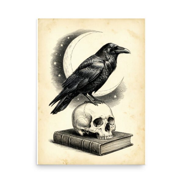 Raven on Skull Crescent Moon Poster, Nevermore Gothic Illustration, Halloween Wall Art, Dark Academia Decor