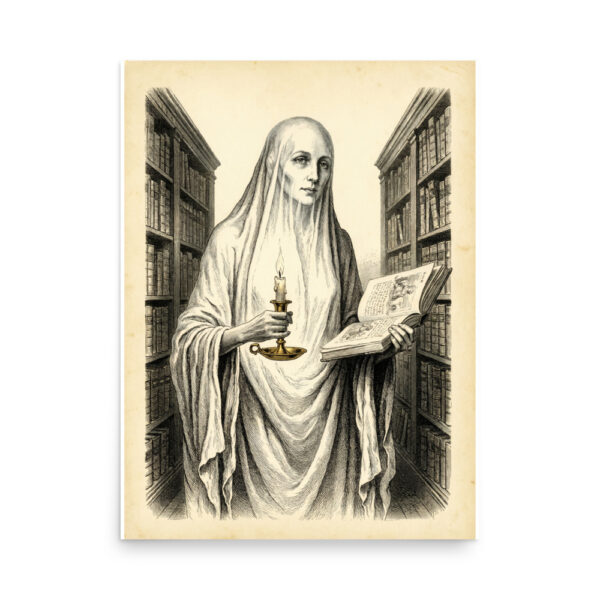enhanced-matte-paper-poster-in-18x24-front-6a9e6031ec5b4.jpg Ghost Librarian Poster, Haunted Library Victorian Illustration, Gothic Halloween Wall Art, Dark Academia Decor
