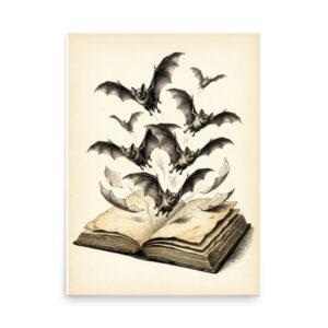enhanced-matte-paper-poster-in-18x24-front-6a9e61234d065.jpg Bats Flying from Open Book Poster, Vintage Gothic Illustration, Halloween Wall Art, Dark Academia Decor