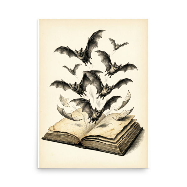 enhanced-matte-paper-poster-in-18x24-front-6a9e61234d065.jpg Bats Flying from Open Book Poster, Vintage Gothic Illustration, Halloween Wall Art, Dark Academia Decor
