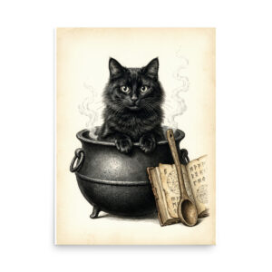 enhanced-matte-paper-poster-in-18x24-front-6a9e61fe69409.jpg Black Cat in Cauldron Poster, Witchy Halloween Illustration, Vintage Cat Wall Art, Spellbook Decor
