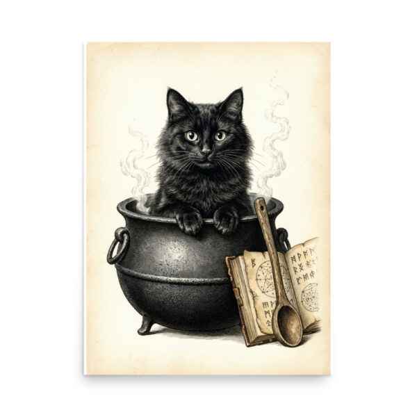 enhanced-matte-paper-poster-in-18x24-front-6a9e61fe69409.jpg Black Cat in Cauldron Poster, Witchy Halloween Illustration, Vintage Cat Wall Art, Spellbook Decor