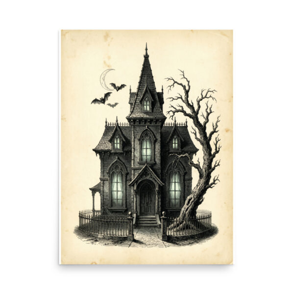 Haunted Gothic Mansion Poster, Victorian Engraving Illustration, Halloween Wall Art, Dark Academia Decor