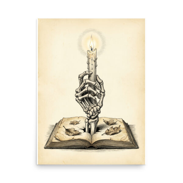 Skeleton Hand with Candle Poster, Memento Mori Illustration, Gothic Book Wall Art, Dark Academia Decor