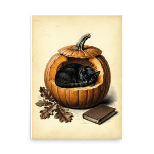 enhanced-matte-paper-poster-in-18x24-front-6a9e65e2a430c.jpg Black Cat Sleeping in Pumpkin Poster, Vintage Halloween Illustration, Cozy Fall Wall Art, Cat Lover Decor