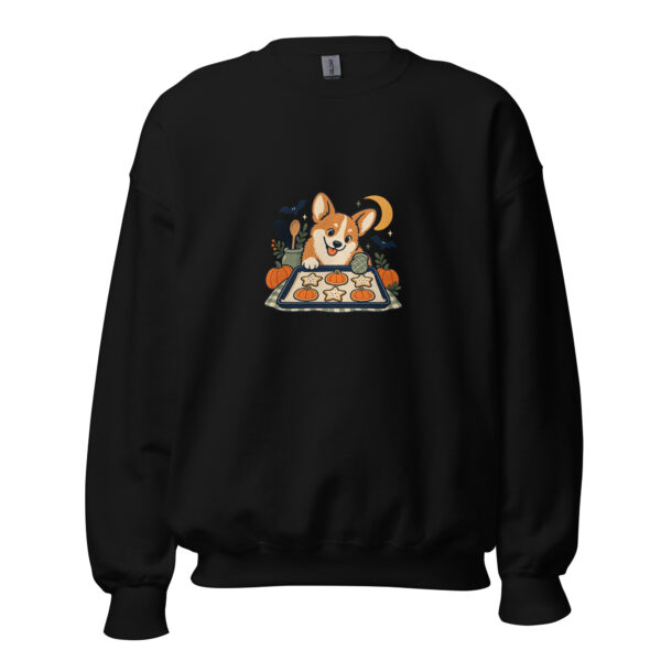 unisex-crew-neck-sweatshirt-black-front-6aa5595d1e091.jpg Spooky Kitchen Corgi Sweatshirt: Halloween Baking Dog Crewneck