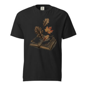 Autumn Leaves on an Open Book Victorian Engraving T-Shirt — Comfort Colors 1717 Fall Reader Tee