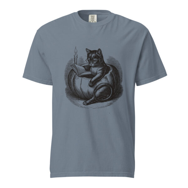 unisex-garment-dyed-heavyweight-t-shirt-blue-jean-front-6aa4088abcbb3.jpg Black Cat Reading in Pumpkin T-Shirt, Comfort Colors Unisex Tee, Spooky Season Reading, Halloween Cat Lover Gift