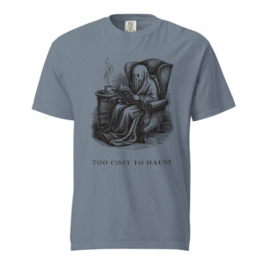 unisex-garment-dyed-heavyweight-t-shirt-blue-jean-front-6aa409e133447.jpg Too Cozy To Haunt T-Shirt, Comfort Colors Unisex Tee, Funny Ghost Reading, Cozy Halloween Book Lover Gift