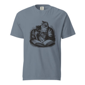 unisex-garment-dyed-heavyweight-t-shirt-blue-jean-front-6aa40b3925e18.jpg Three Cats Reading T-Shirt, Comfort Colors Unisex Tee, Cat Lover Bookish Gift, Vintage Engraving