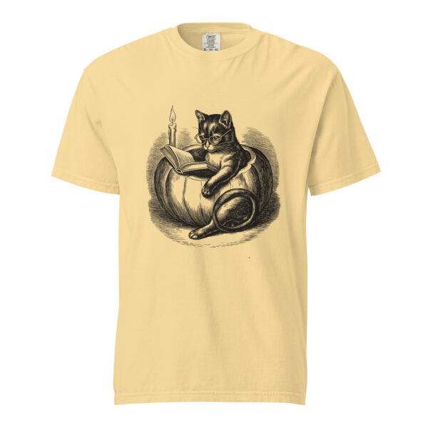 unisex-garment-dyed-heavyweight-t-shirt-butter-front-6aa4088abcc1e.jpg Black Cat Reading in Pumpkin T-Shirt, Comfort Colors Unisex Tee, Spooky Season Reading, Halloween Cat Lover Gift