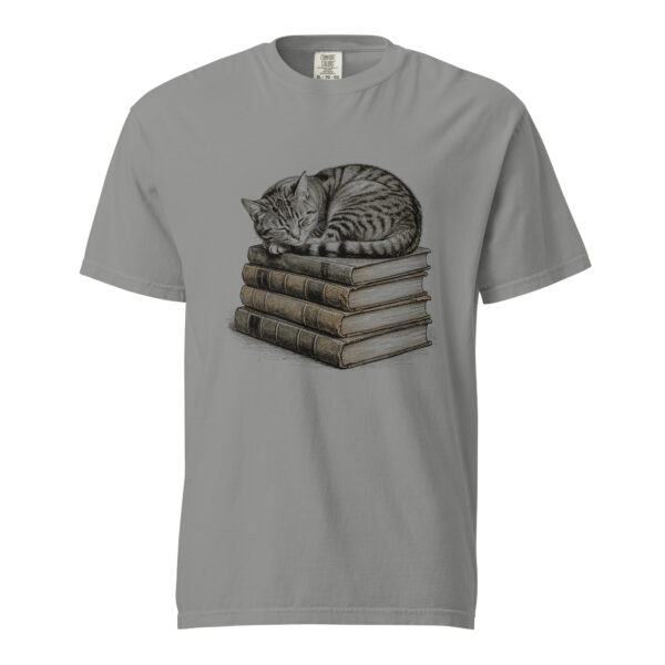 Sleeping Tabby Cat on Books Victorian Engraving T-Shirt — Comfort Colors 1717 Cat Lover Tee