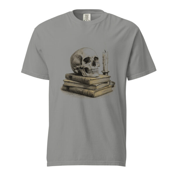 unisex-garment-dyed-heavyweight-t-shirt-grey-front-6a9c3e44d1926.jpg Skull and Candle on Old Books Victorian Engraving T-Shirt — Comfort Colors 1717 Memento Mori Tee