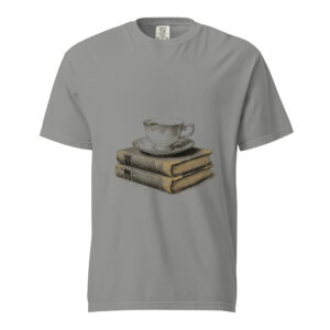 unisex-garment-dyed-heavyweight-t-shirt-grey-front-6a9c3ffd3fd11.jpg Teacup on Old Books Victorian Engraving T-Shirt — Comfort Colors 1717 Cozy Reader Tea Lover Tee