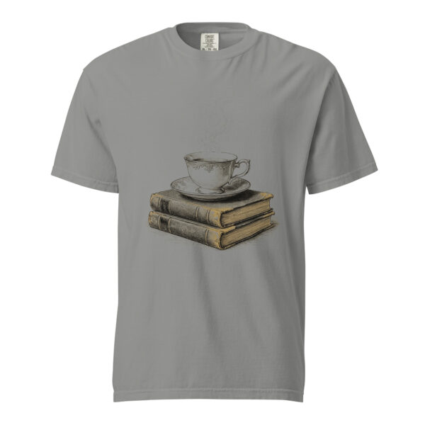 Teacup on Old Books Victorian Engraving T-Shirt — Comfort Colors 1717 Cozy Reader Tea Lover Tee