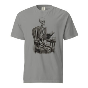 unisex-garment-dyed-heavyweight-t-shirt-grey-front-6a9e4e6623759.jpg Skeleton Reading in Armchair Victorian Engraving T-Shirt — Comfort Colors 1717 Bookish Halloween Dark Academia Tee