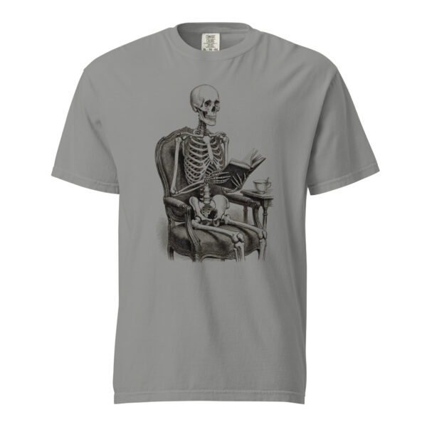 Skeleton Reading in Armchair Victorian Engraving T-Shirt — Comfort Colors 1717 Bookish Halloween Dark Academia Tee