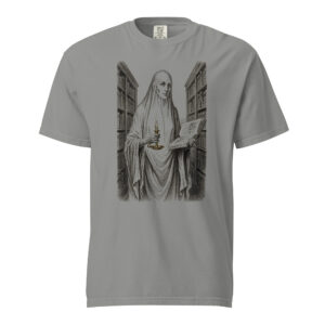 unisex-garment-dyed-heavyweight-t-shirt-grey-front-6a9e4ffc375c7.jpg Ghost Librarian with Candle Victorian Engraving T-Shirt — Comfort Colors 1717 Haunted Library Halloween Tee