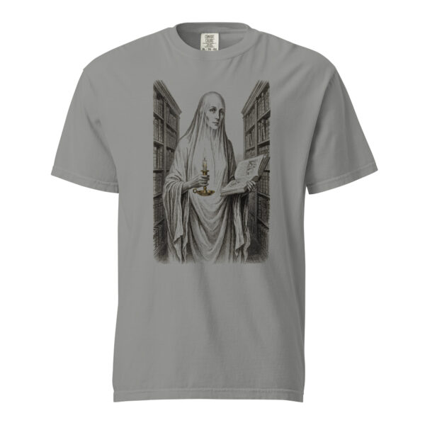 unisex-garment-dyed-heavyweight-t-shirt-grey-front-6a9e4ffc375c7.jpg Ghost Librarian with Candle Victorian Engraving T-Shirt — Comfort Colors 1717 Haunted Library Halloween Tee