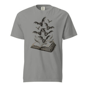 unisex-garment-dyed-heavyweight-t-shirt-grey-front-6a9e51003ba90.jpg Bats Flying from an Open Book Victorian Engraving T-Shirt — Comfort Colors 1717 Gothic Halloween Reader Tee