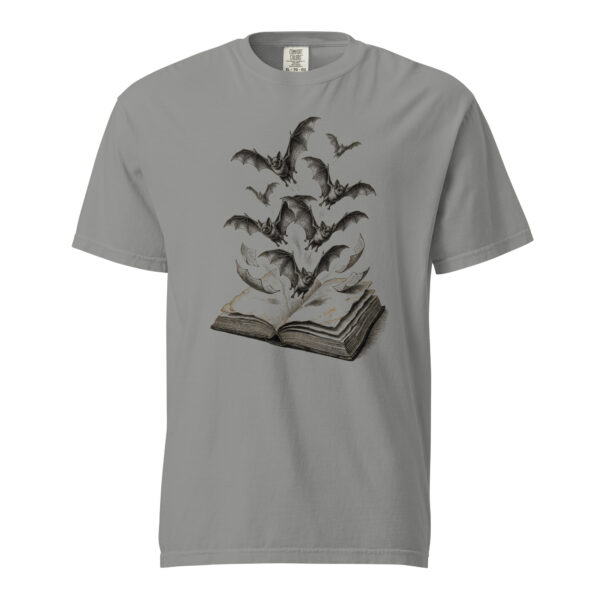 unisex-garment-dyed-heavyweight-t-shirt-grey-front-6a9e51003ba90.jpg Bats Flying from an Open Book Victorian Engraving T-Shirt — Comfort Colors 1717 Gothic Halloween Reader Tee