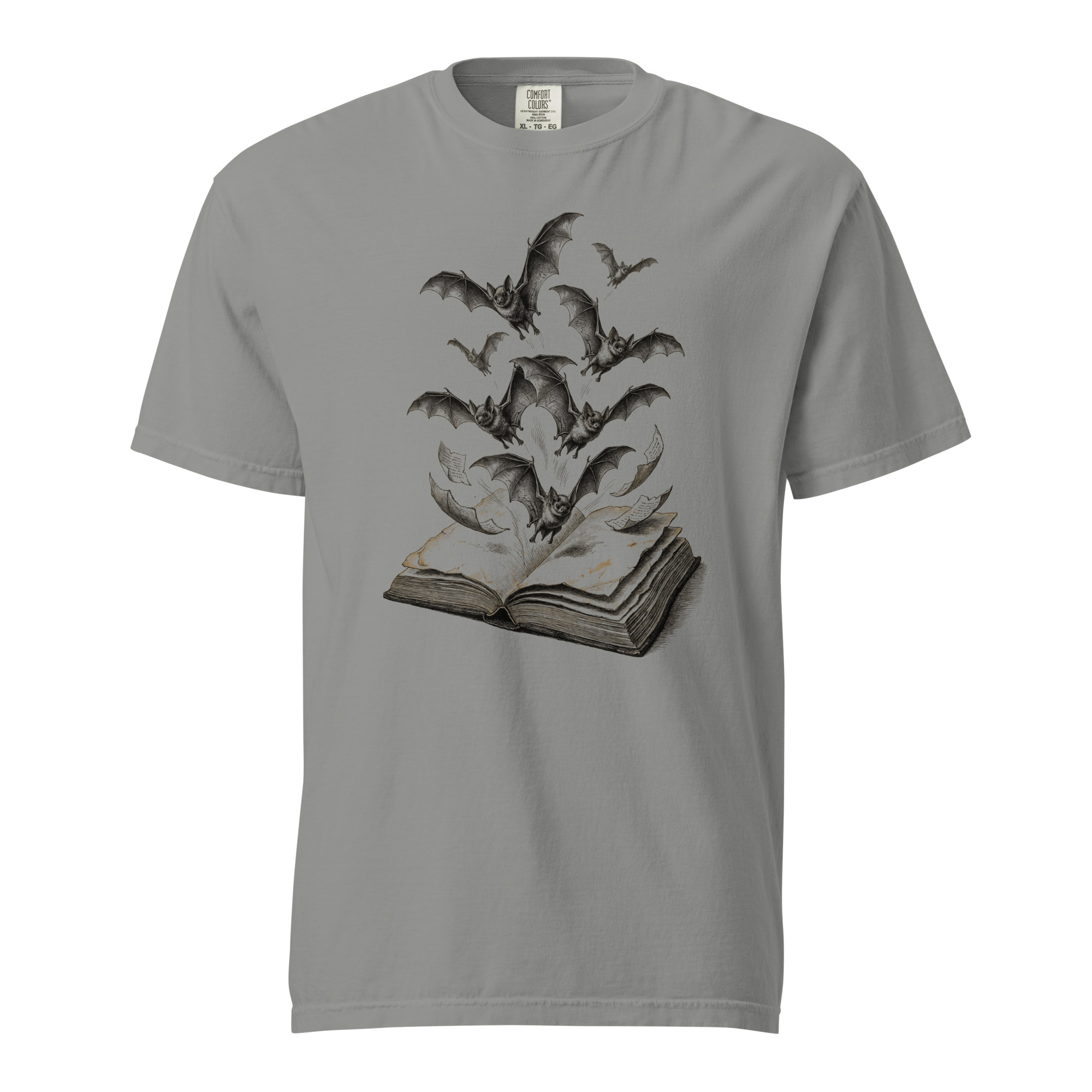 Bats flying from an open book — Halloween engraving tee