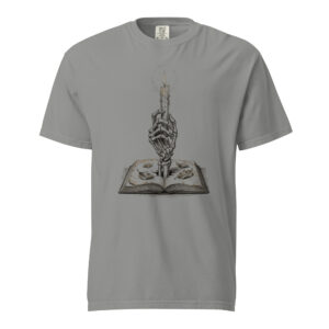 unisex-garment-dyed-heavyweight-t-shirt-grey-front-6a9e55164dff3.jpg Skeleton Hand Holding Candle Rising from Book Victorian Engraving T-Shirt — Comfort Colors 1717 Memento Mori Gothic Tee