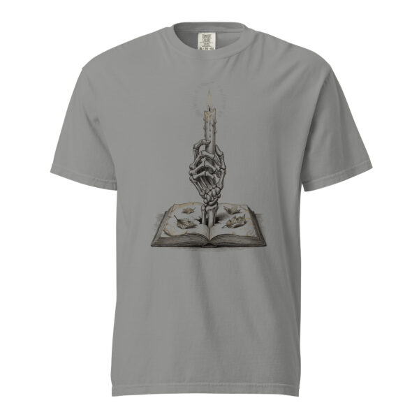 Skeleton Hand Holding Candle Rising from Book Victorian Engraving T-Shirt — Comfort Colors 1717 Memento Mori Gothic Tee