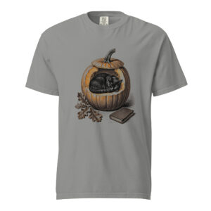 unisex-garment-dyed-heavyweight-t-shirt-grey-front-6a9e56bdaa31c.jpg Black Cat Sleeping in Pumpkin Victorian Engraving T-Shirt — Comfort Colors 1717 Cozy Fall Halloween Cat Tee