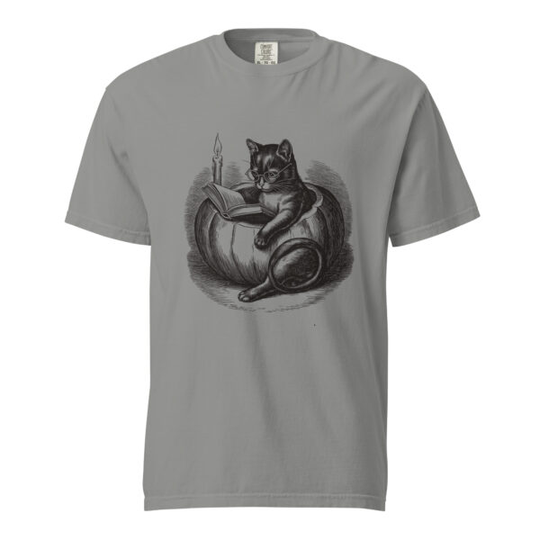 unisex-garment-dyed-heavyweight-t-shirt-grey-front-6aa4088abcc77.jpg Black Cat Reading in Pumpkin T-Shirt, Comfort Colors Unisex Tee, Spooky Season Reading, Halloween Cat Lover Gift