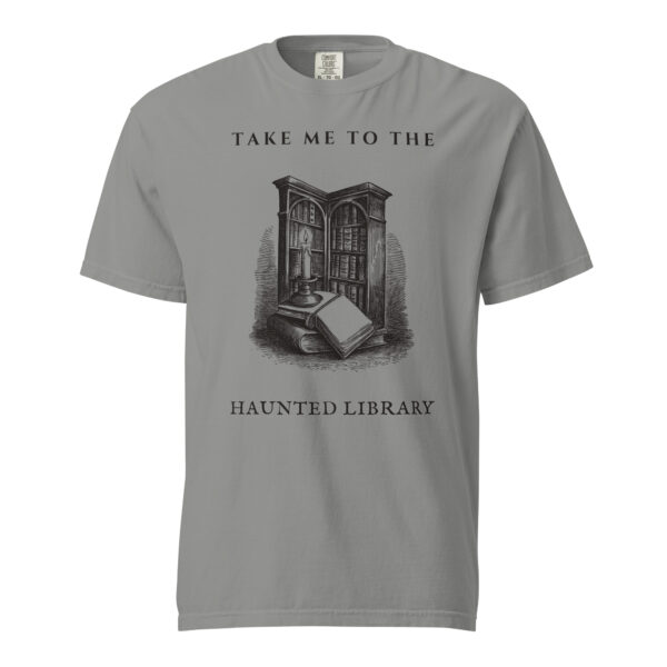 unisex-garment-dyed-heavyweight-t-shirt-grey-front-6aa40941076e0.jpg Take Me To The Haunted Library T-Shirt, Comfort Colors Unisex Tee, Ghost Librarian, Spooky Season Book Lover Gift