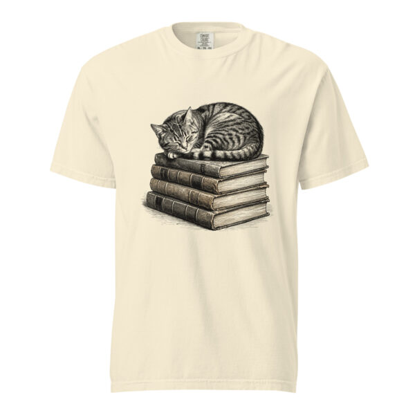 Sleeping Tabby Cat on Books Victorian Engraving T-Shirt — Comfort Colors 1717 Cat Lover Tee